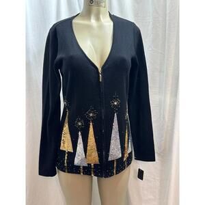 Berek Cardigan Zip Christmas Trees Embellished Silver Gold Sequins Sz S-M # 1262